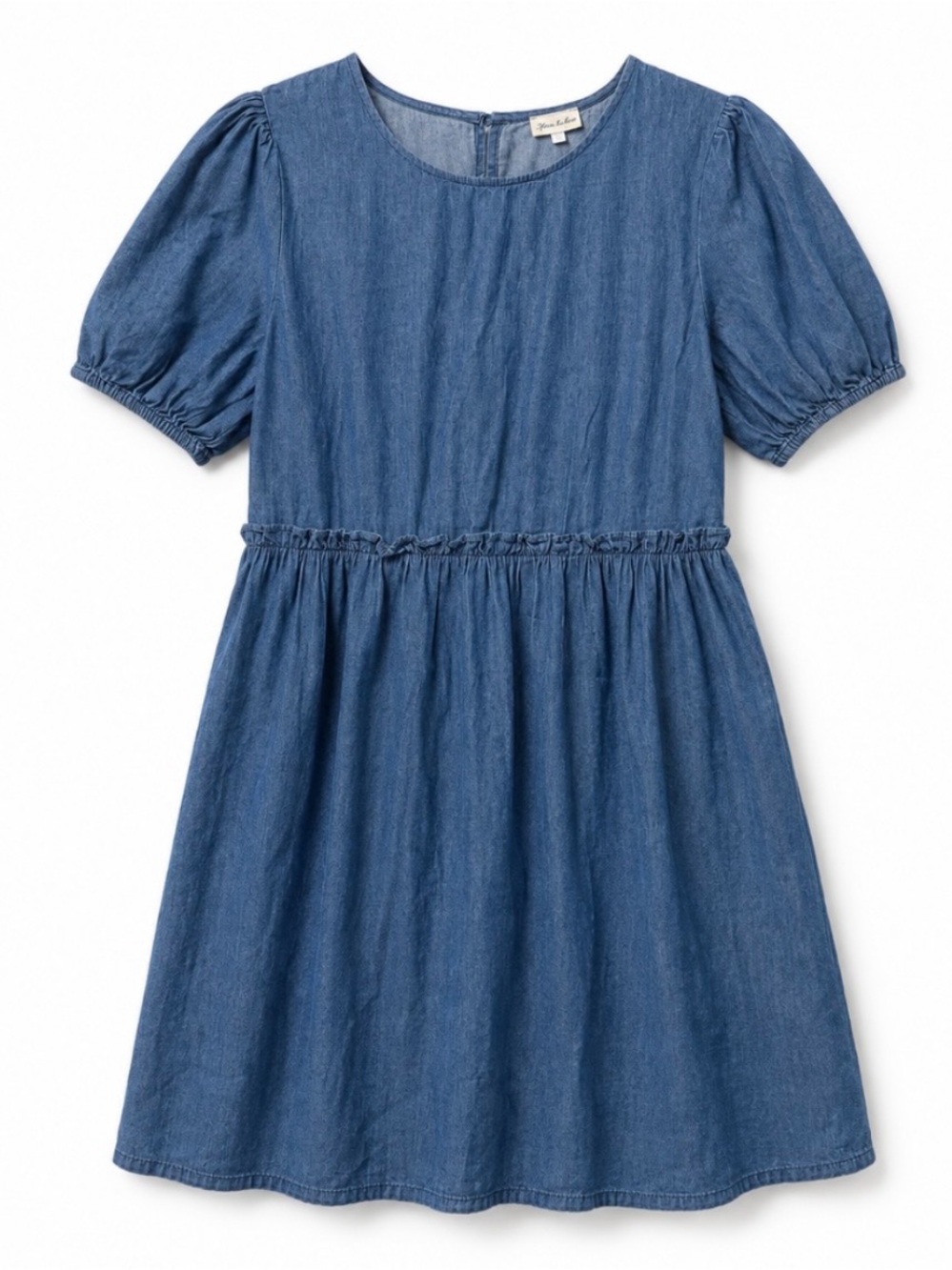 Farmgirl M Denim Midi Dress with Puff Sleeves - Blue